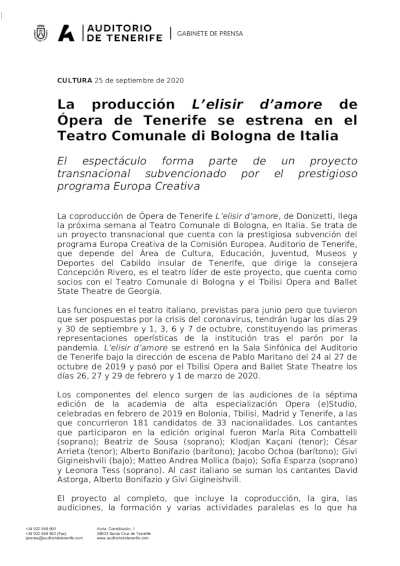 La producción L’elisir d’amore de Ópera de Tenerife se estrena en el Teatro Comunale di Bologna de Italia La producción L’elisir d’amore de Ópera de Tenerife se estrena en el Teatro Comunale di Bologna de Italia