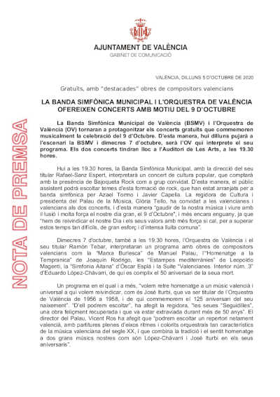 La Banda Sinfónica Municipal y la Orquesta de Valènica ofrecen conciertos por el 9 d’Octubre