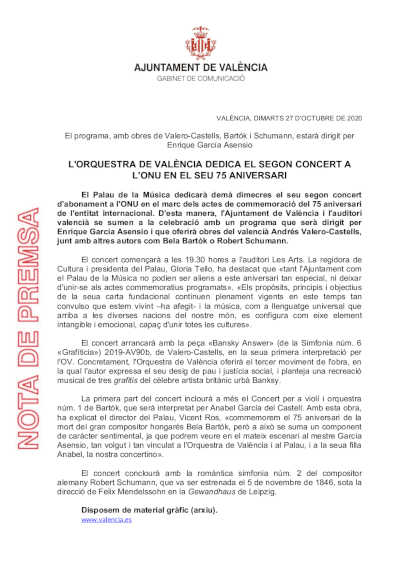 La Orquesta de València dedica su segundo concierto a la ONU en su 75 aniversario