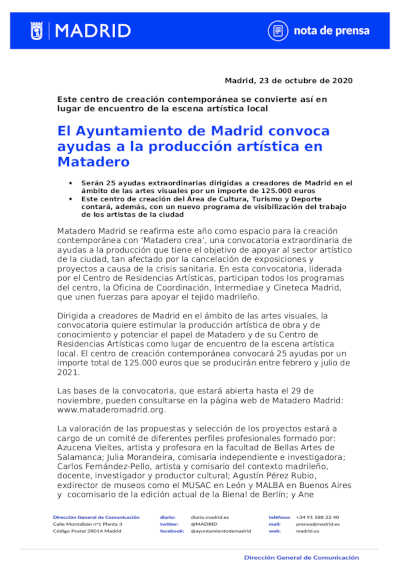 El Ayuntamiento de Madrid convoca ayudas a la producción artística en Matadero