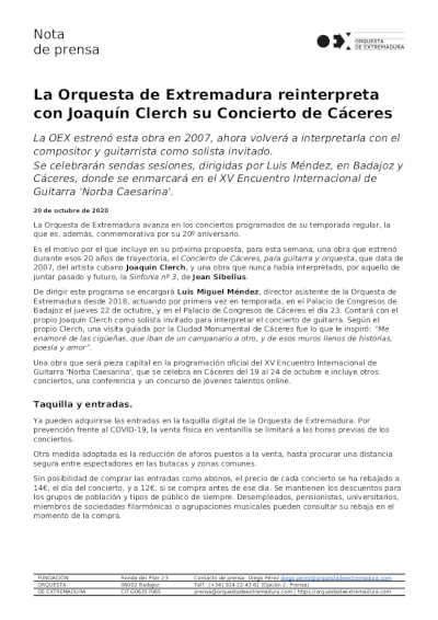 La Orquesta de Extremadura reinterpreta con Joaquín Clerch su Concierto de Cáceres La Orquesta de Extremadura reinterpreta con Joaquín Clerch su Concierto de Cáceres
