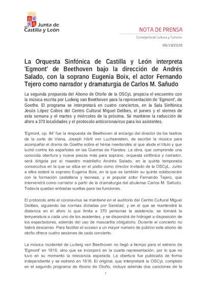 La Orquesta Sinfónica de Castilla y León interpreta ‘Egmont’ de Beethoven bajo la dirección de Andrés Salado
