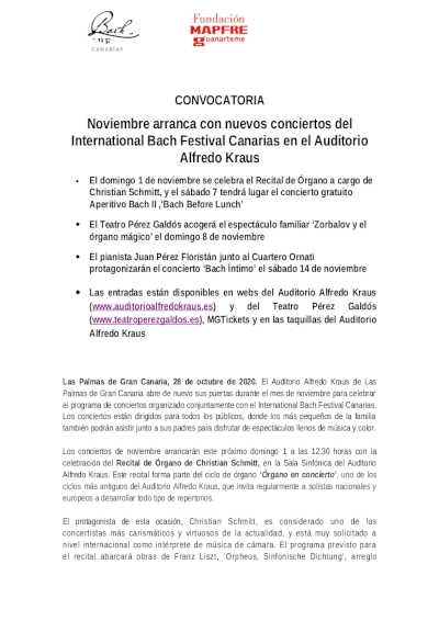 Noviembre arranca con nuevos conciertos del International Bach Festival Canarias en el Auditorio Alfredo Kraus