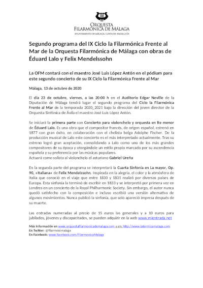 Segundo programa del IX Ciclo la Filarmónica Frente al Mar de la Orquesta Filarmónica de Málaga
