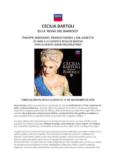 Cecilia Bartoli presenta «Queen of Baroque», su nuevo álbum con Decca Classics