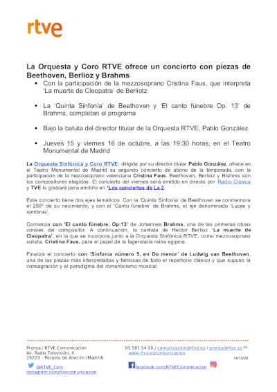 Quinta sinfonía de Beethoven y ‘La muerte de Cleopatra’, de Berlioz, con Cristina Faus y la Orquesta y Coro RTVE