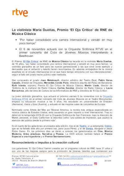 La violinista María Dueñas, Premio ‘El Ojo Crítico’ de RNE de Música Clásica