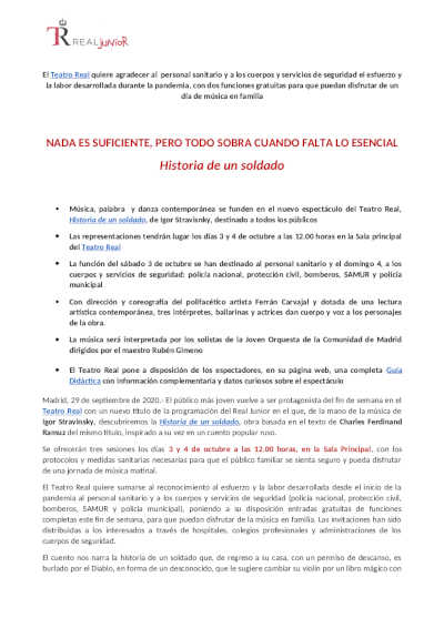 El Teatro Real ofrece dos funciones gratuitas a sanitarios y cuerpos de seguridad