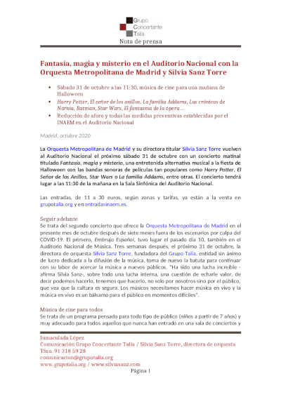 Fantasía, magia y misterio en el Auditorio Nacional con la Orquesta Metropolitana de Madrid y Silvia Sanz Torre
