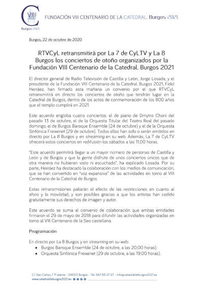 RTVCyL retransmitirá por La 7 de CyLTV y La 8 Burgos los conciertos organizados por la Fundación VIII Centenario de la Catedral