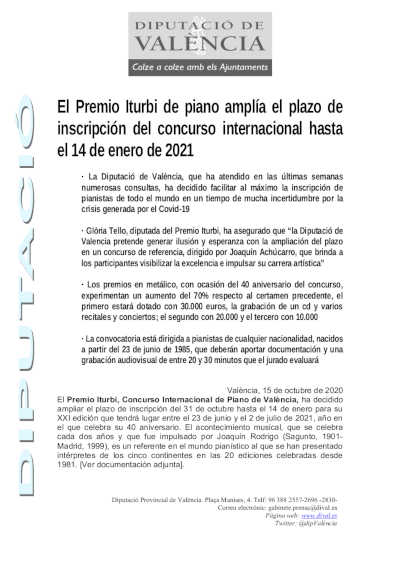 El Premio Iturbi de piano amplía el plazo de inscripción del concurso internacional hasta el 14 de enero de 2021