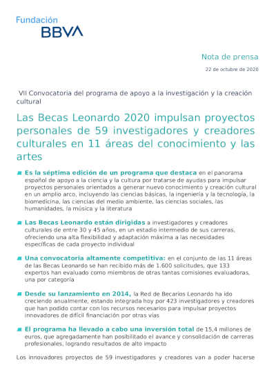 VII Convocatoria de las Becas Leonardo 2020 impulsando proyectos personales de 59 investigadores y creadores culturales