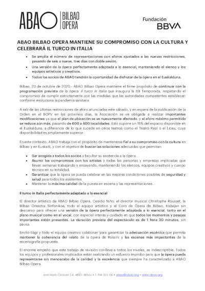 ABAO BILBAO OPERA mantiene su compromiso con la cultura y celebrará Il turco in Italia de Rossini