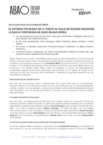 El estreno en Bilbao de Il turco in Italia de Rossini, inaugura la nueva temporada de ABAO BILBAO OPERA