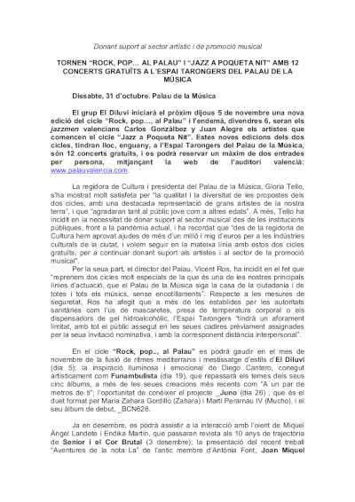 Vuelven «Rock, Pop.. al Palau» y «Jazz a poqueta nit» con 12 conciertos gratuitos en Espai Tarongers