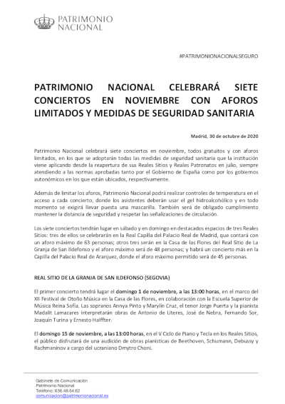 Patrimonio Nacional celebrará siete conciertos en noviembre con aforos limitados y seguridad sanitaria