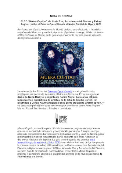 El CD “Muera Cupido”, de Nuria Rial, Accademia del Piacere y Fahmi Alqhai, recibe el Premio Opus Klassik