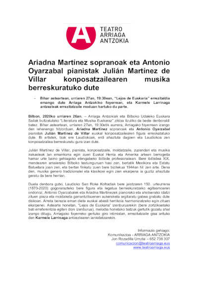La soprano Ariadna Martínez y el pianista Antonio Oyarzabal rescatan la música del compositor Julián Martínez de Villar