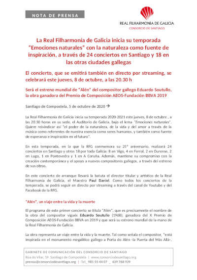 La Real Filharmonía de Galicia inicia su temporada “Emociones naturales” con la naturaleza como fuente de inspiración La Real Filharmonía de Galicia inicia su temporada “Emociones naturales” con la naturaleza como fuente de inspiración