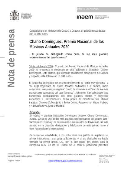 Chano Domínguez, Premio Nacional de las Músicas Actuales 2020