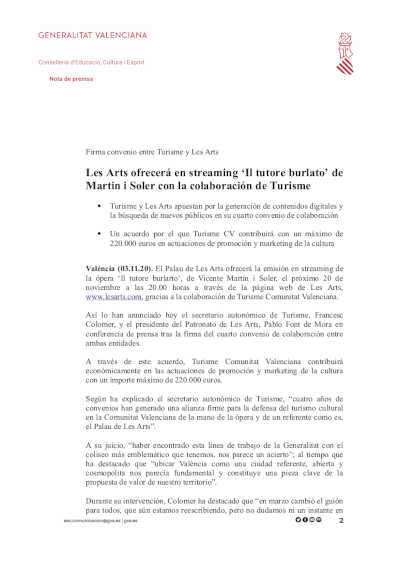 Les Arts ofrecerá en streaming ‘Il tutore burlato’ de Martin i Soler con la colaboración de Turisme