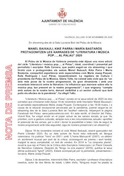 Manel Baixauli, Kike Parra y María Bastarós protagonizan las charlas «Literatura y música pop al Palau»