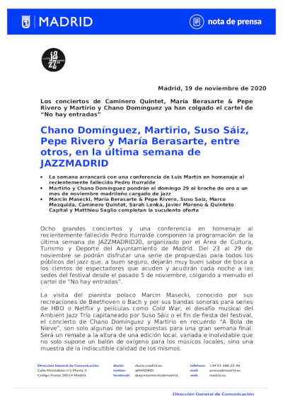 JAZZMADRID20 con Chano Domínguez, Martirio, Suso Saiz, Pepe Rivero y María Berasarte, entre otros, en su última semana