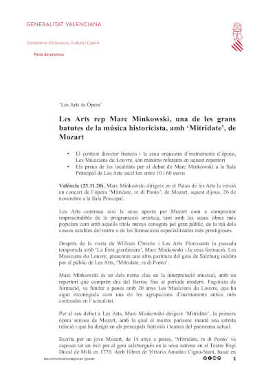 Les Arts recibe a Marc Minkowski, una de las grandes batutas de la música historicista, con ‘Mitridate’, de Mozart