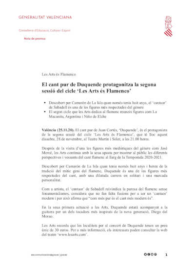 El cante puro de Duquende protagoniza la segunda sesión del ciclo ‘Les Arts és Flamenco’