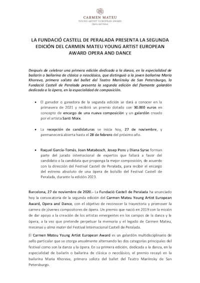 Fundació Castell de Peralada presenta la IIº edición del Carmen Mateu Young Artist European Award Opera and Dance