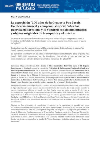 La exposición «100 años de la Orquesta Pau Casals»abre sus puertas en el Museo de la Música y el Museo Casals del Vendrell