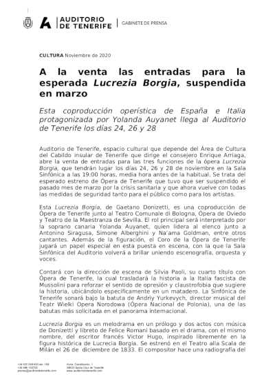 A la venta las entradas para la esperada Lucrezia Borgia, suspendida en marzo