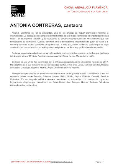 Antonia Contreras y Fabiola Pérez ‘La Fabi’ inauguran ciclo Andalucía Flamenca del CNDM