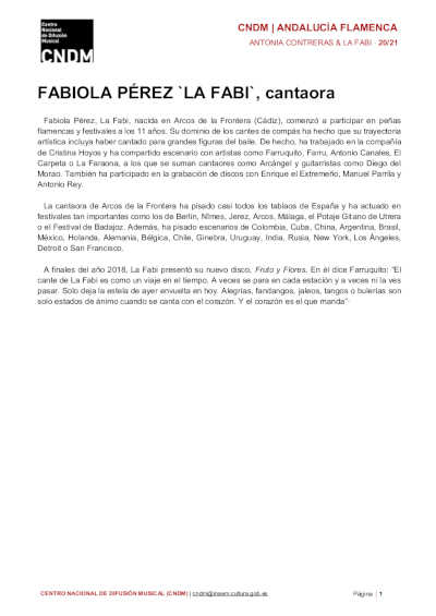 Antonia Contreras y Fabiola Pérez ‘La Fabi’ inauguran ciclo Andalucía Flamenca del CNDM