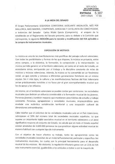 La Confederación Española de Sociedades Musicales logra apoyo del Senado para rebajar IVA de instrumentos al 10%