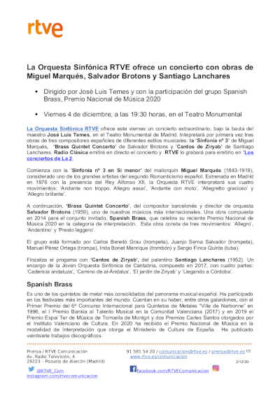 Concierto extraordinario de José Luis Temes, obras de Marqués, Brotons y Lanchares, junto a Spanish Brass
