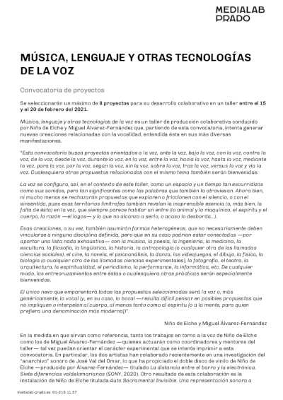 Medialab Prado organiza un taller experimental de música, lenguaje y voz con Niño de Elche y Miguel Álvarez-Fernández