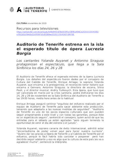 Auditorio de Tenerife estrena en la isla el esperado título de ópera Lucrezia Borgia