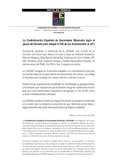 La Confederación Española de Sociedades Musicales logra apoyo del Senado para rebajar IVA de instrumentos al 10%