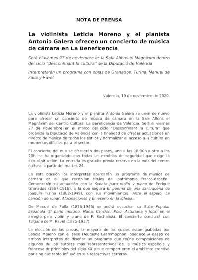 La violinista Leticia Moreno y el pianista Antonio Galera ofrecen un concierto de música de cámara en La Beneficencia