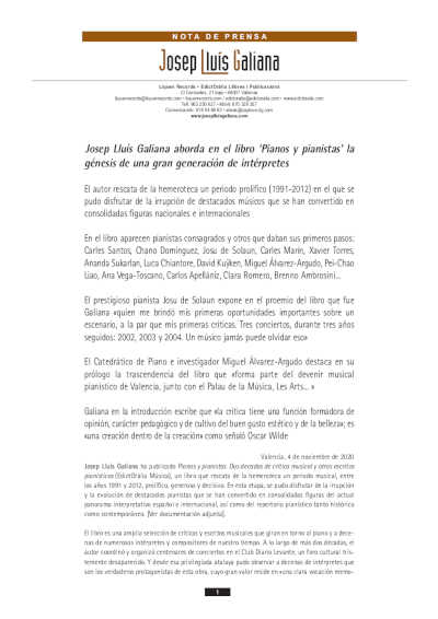 Josep Lluís Galiana aborda en el libro ‘Pianos y pianistas’ la génesis de una gran generación de intérpretes