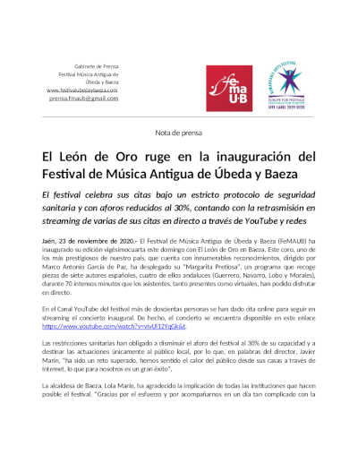 El León de Oro ruge en la inauguración del Festival de Música Antigua de Úbeda y Baeza