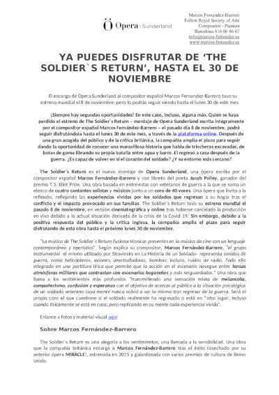 Ya puedes disfrutar de la ópera «The Soldier’s Return» hasta el 30 de noviembre