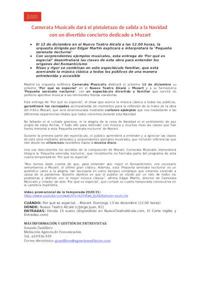 Camerata Musicalis dará el pistoletazo de salida a la Navidad con un divertido concierto dedicado a Mozart