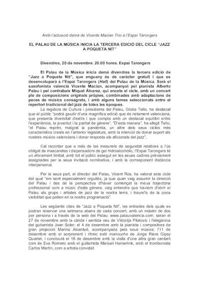 El Palau de la Música inicia la tercera edición del ciclo «Jazz a Poqueta Nit»