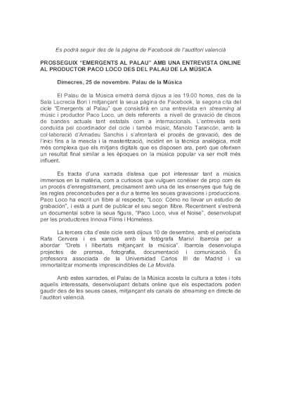 Prosigue Emergents al Palau con una entrevista online al productor Paco Loco desde el Palau de la Música