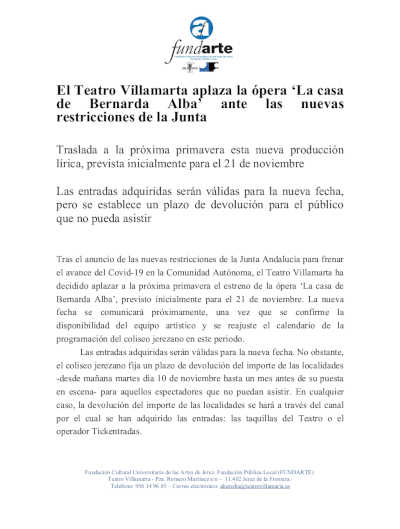 El Teatro Villamarta aplaza la ópera ‘La casa de Bernarda Alba’ ante las nuevas restricciones de la Junta