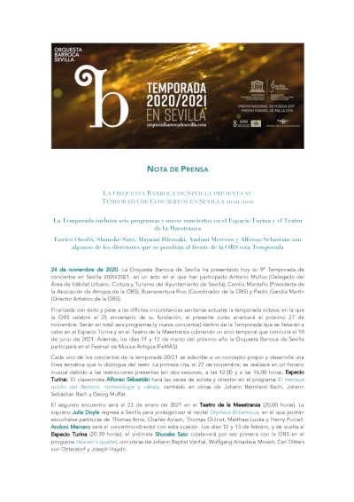 La Orquesta Barroca de Sevilla presenta su Temporada de Conciertos en Sevilla 2020 / 2021