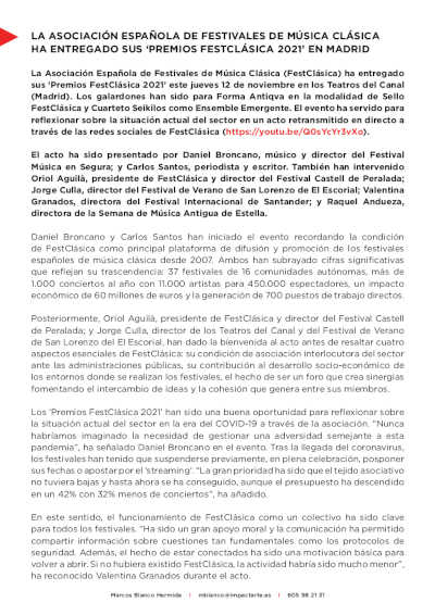 Asociación Española de Festivales de Música Clásica ha entregado sus «Premios FestClásica 2021» Asociación Española de Festivales de Música Clásica ha entregado sus «Premios FestClásica 2021»