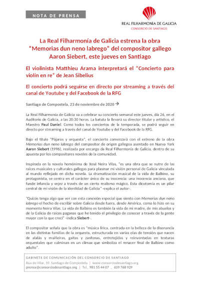 La Real Filharmonía de Galicia estrena la obra “Memorias dun neno labrego” del compositor gallego Aaron Siebert